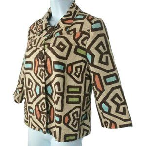 Y2K Requirements Women's 52% Linen. Lined Tan Geometric Blazer Jacket Sz Small 6